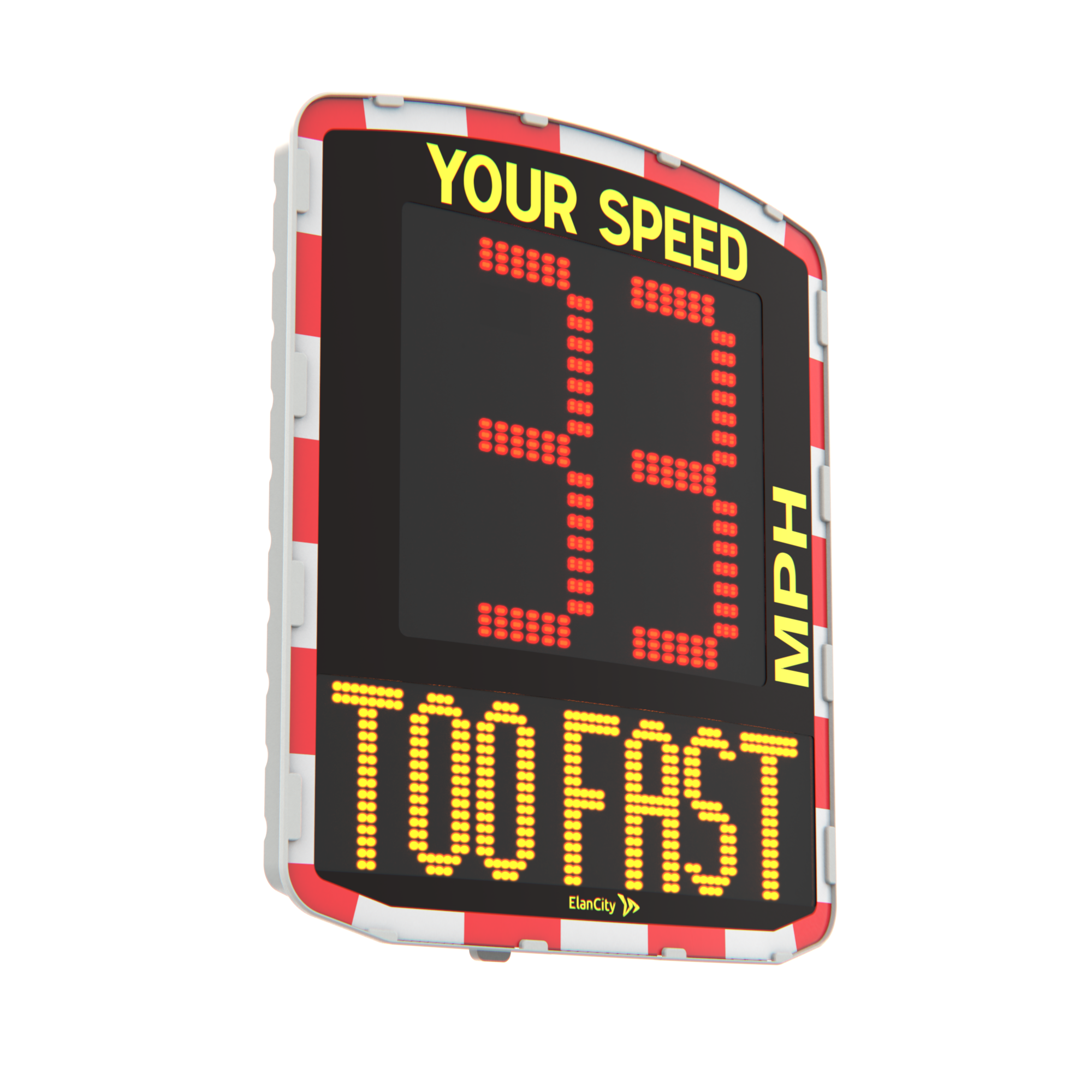 Pictogram of EOLIS Speed Indicator Device which displays a speed limit of 33 mph and awareness message "TOO FAST"
